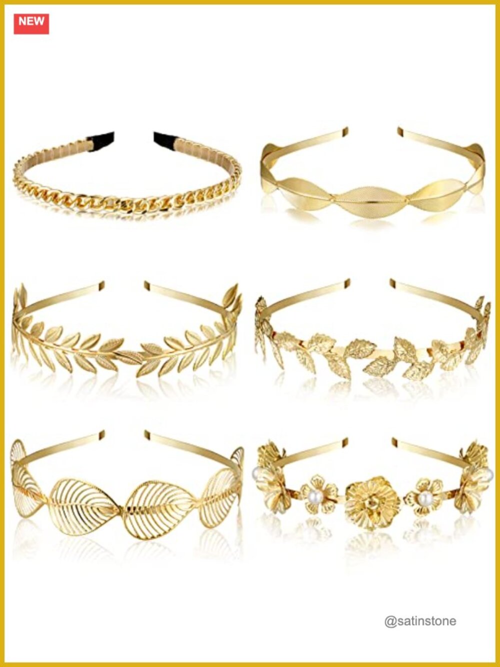 6 Pc Gold Metal Leaf & Faux Pearl Headband Set Greek Style Hair Accessories